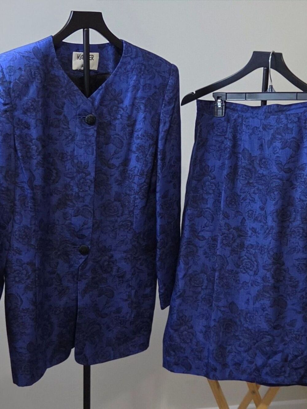 Kasper for A.S.L. Rayon Women's Indigo Blue Floral Pattern Skirt Suit Set Sz 12